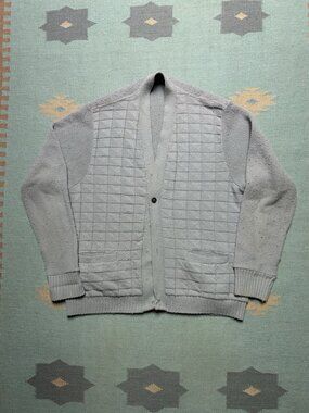 Vintage 70s knit cardigan sweater wool blend windowpane gray AS IS men’s Large